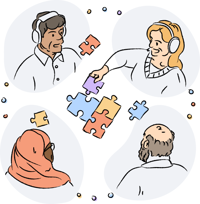 Drawing of patient, caregiver, nonprofit group representative, and Pierre Fabre Pharmaceuticals employee collaborating online to build a puzzle.