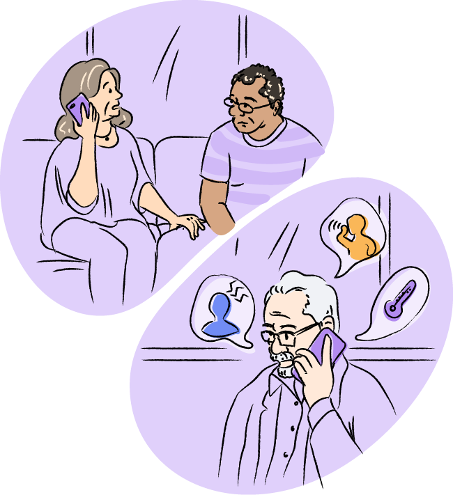 Drawing of a caregiver and patient, speaking to their doctor about PTLD symptoms by phone.