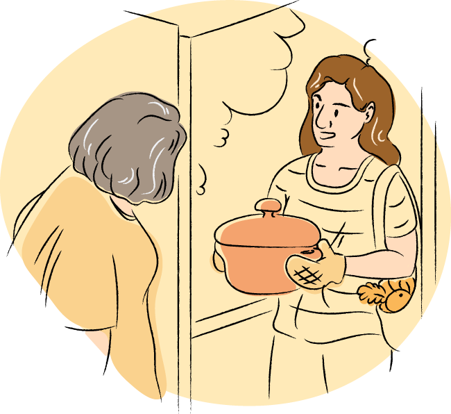 Drawing of a caregiver with a pot of food, at the front door of a patient.