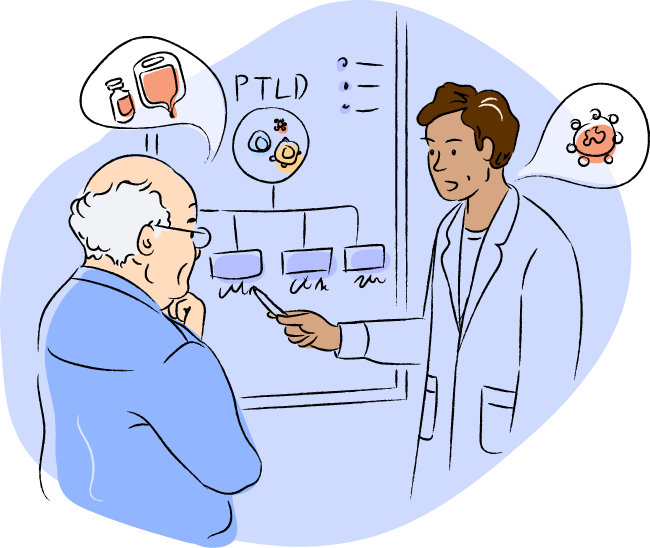Drawing of a doctor using a whiteboard to explain PTLD to a patient.