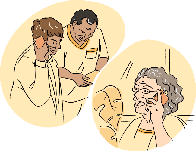 Drawing of the transplant team speaking to a patient over the phone.
