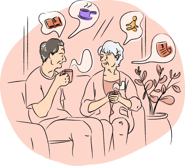 Drawing of a patient and caregiver having coffee. They're discussing different types of support.