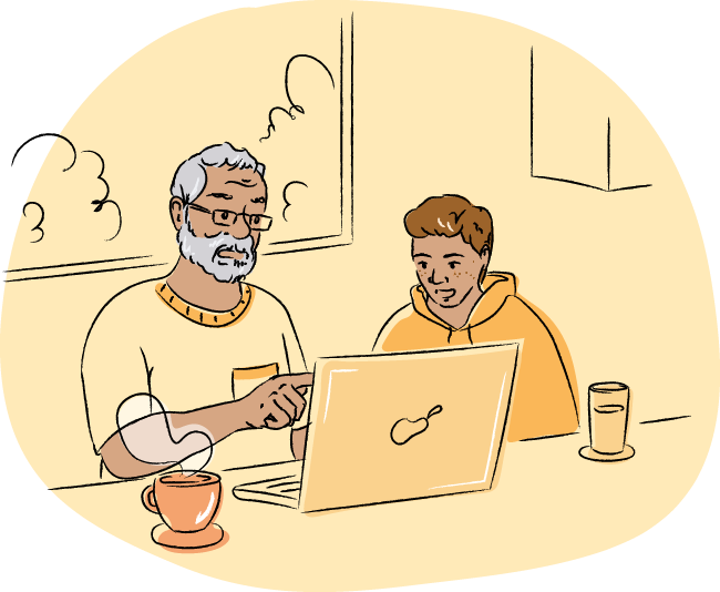 Drawing of a patient and caregiver sitting in front of a laptop. They're learning about PTLD. 