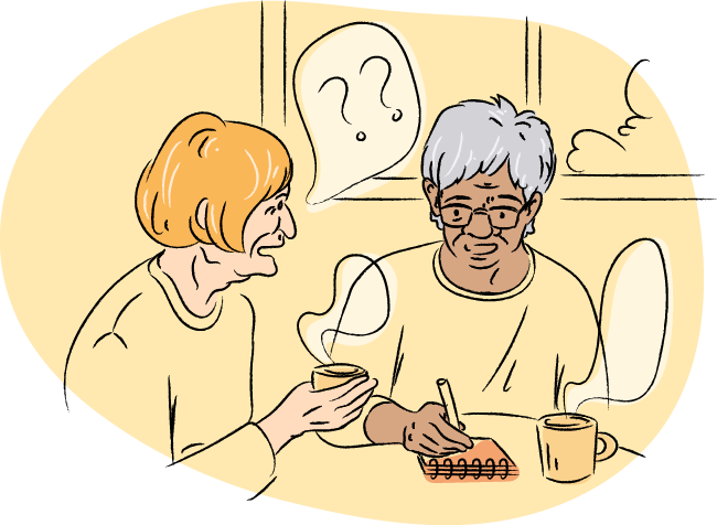 Drawing of a patient asking questions and a caregiver taking notes.