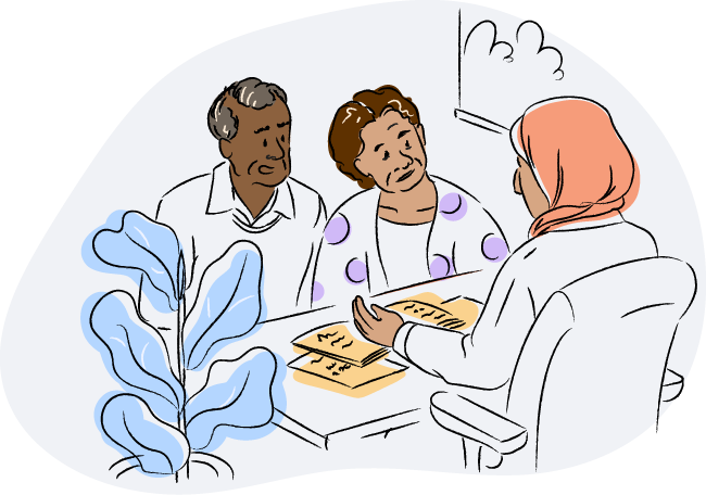 Drawing of a patient and caregiver talking to a doctor or nurse about PTLD.