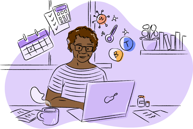 Drawing of a patient researching PTLD on a laptop computer.