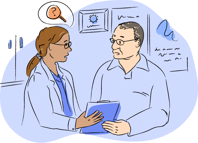 Drawing of a patient talking to their transplant doctor about PTLD diagnosis and treatment.
