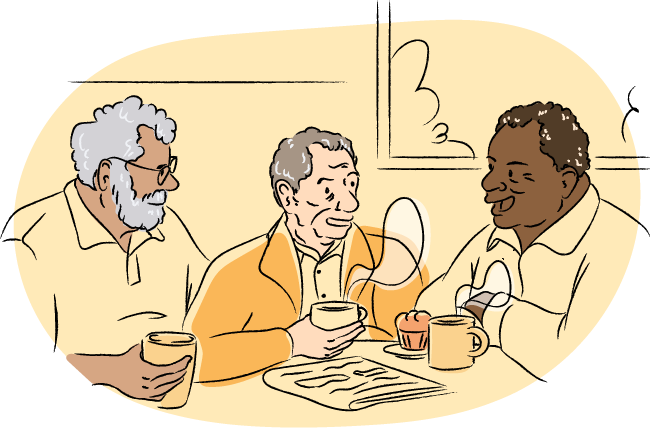 Drawing of a patient having coffee or tea with their friends.