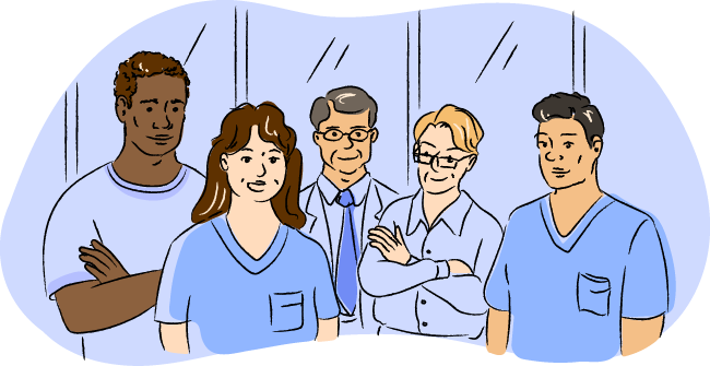 Drawing of different healthcare professionals who may be involved in PTLD diagnosis and treatment.